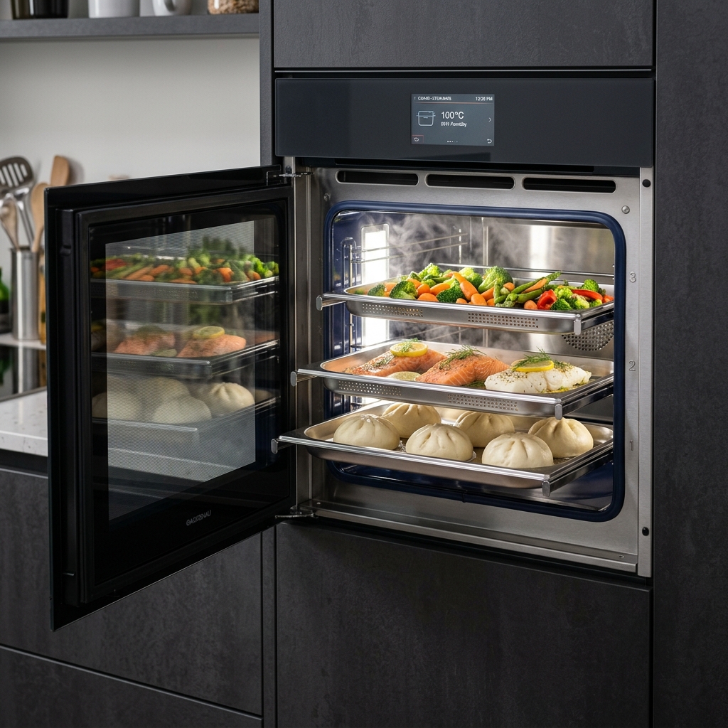 Lò combine Gaggenau: Nướng kết hợp hấp & vi sóng 3 Lò nướng kết hợp hấp Gaggenau BS450111 cửa mở ngang 180° với 3 khay hấp đồng thời