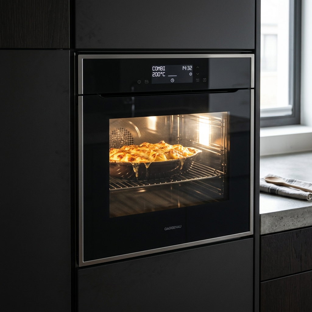 Lò combine Gaggenau: Nướng kết hợp hấp & vi sóng 4 Lò nướng kết hợp vi sóng Gaggenau BM450110 nướng gratin khoai tây phô mai