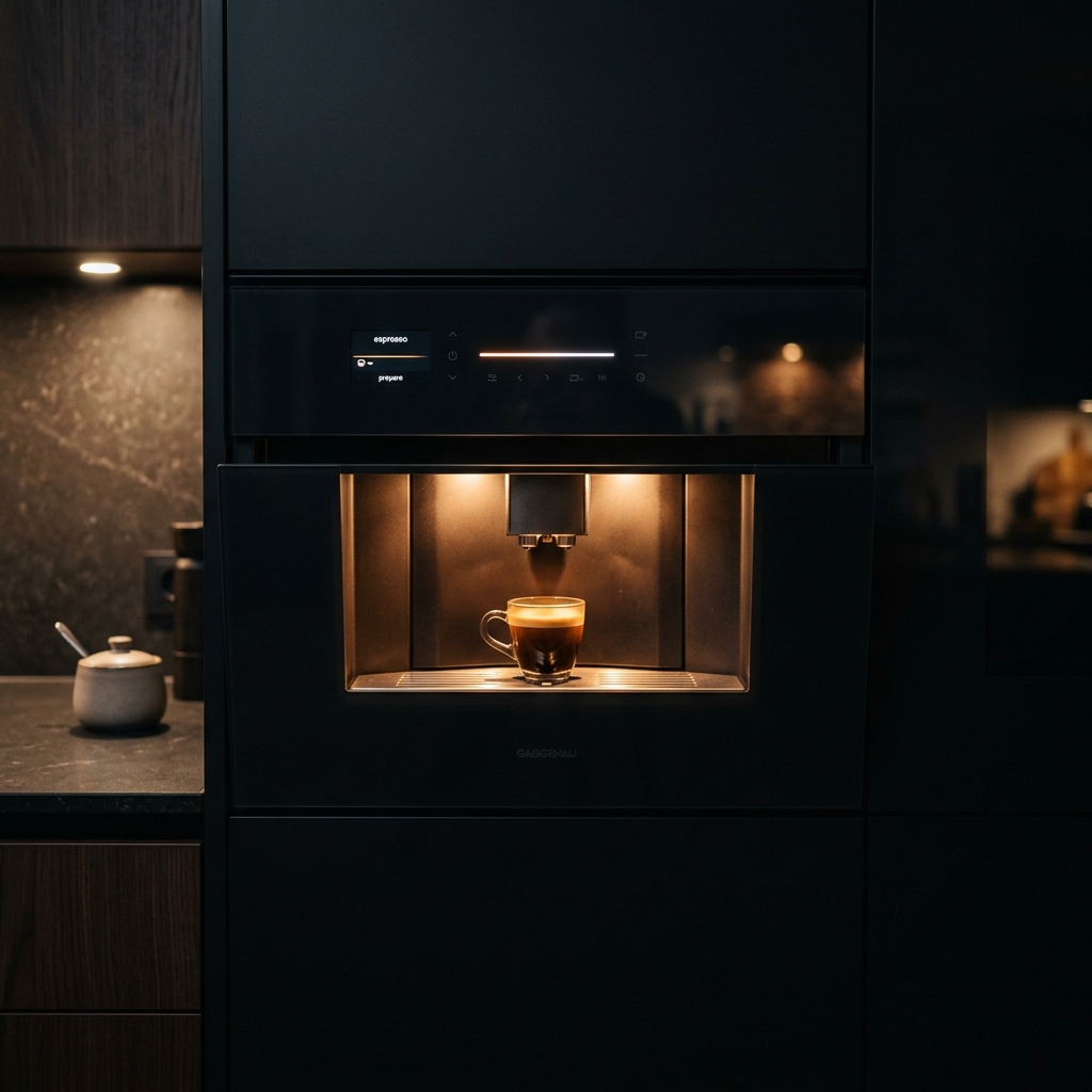 Máy pha cà phê âm tủ Gaggenau: Review dòng 400 Series chi tiết 2026 2 Mặt trước kính đen tối giản của máy pha cà phê âm tủ Gaggenau 400 Series