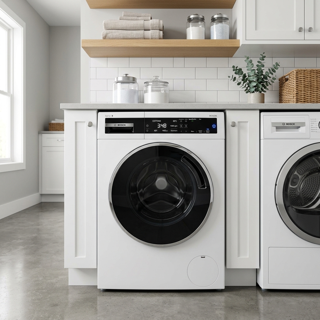 Máy giặt Bosch Serie 8 WGB254A0SG bảng điều khiển cảm ứng tối giản trong phòng giặt hiện đại