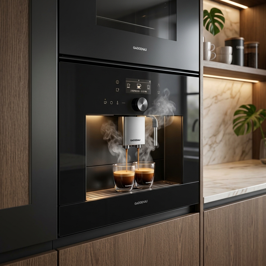 Máy pha cà phê âm tủ Gaggenau: Review dòng 400 Series chi tiết 2026 1 Máy pha cà phê âm tủ Gaggenau CM450112 dòng 400 Series đang pha espresso trong bếp cao cấp