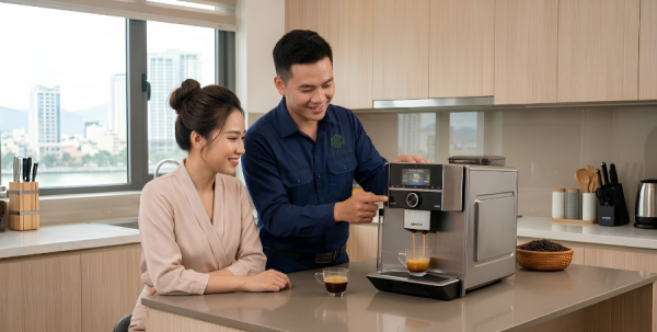 Địa Chỉ Đặt Mua Máy Pha Cà Phê Đà Nẵng Uy Tín Nhất 6 Kỹ thuật viên Minhaus lắp đặt và hướng dẫn sử dụng máy pha cà phê Siemens EQ tại nhà khách hàng Đà Nẵng