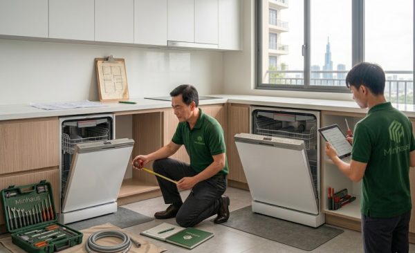 Kích Thước Máy Rửa Bát Âm Tủ: Bảng Đo Chuẩn 45cm & 60cm Cho Bếp Việt 5 Đội ngũ kỹ thuật Minhaus khảo sát và lắp đặt máy rửa bát âm tủ