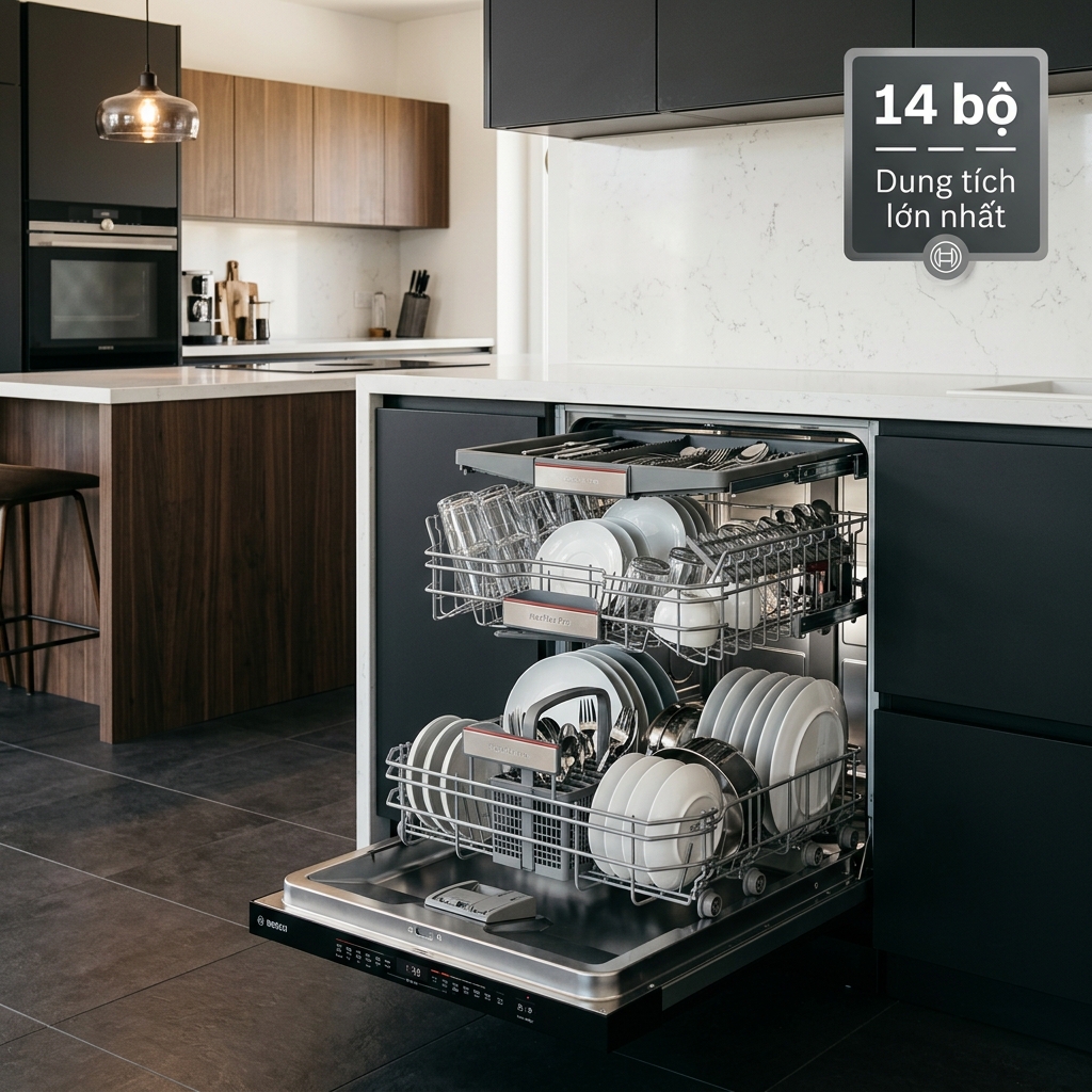 Máy rửa chén Bosch 16 bộ: Loại nào tốt nhất 2026? 1 Máy rửa chén Bosch 14 bộ Series 8 với giàn rửa 3 tầng MaxFlex Pro đầy bát đĩa