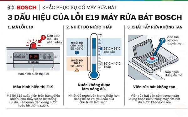 Máy rửa chén Bosch báo lỗi E19: Nguyên nhân & Cách xử lý 1 Dấu hiệu nhận biết lỗi E19 máy rửa chén Bosch