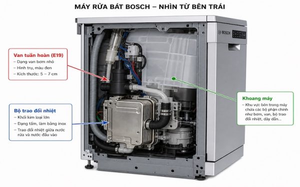 Máy rửa chén Bosch báo lỗi E19: Nguyên nhân & Cách xử lý 2 Vị trí van tuần hoàn trong bộ trao đổi nhiệt máy rửa chén Bosch