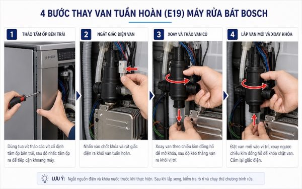 Máy rửa chén Bosch báo lỗi E19: Nguyên nhân & Cách xử lý 3 Hướng dẫn thay van tuần hoàn máy rửa chén Bosch