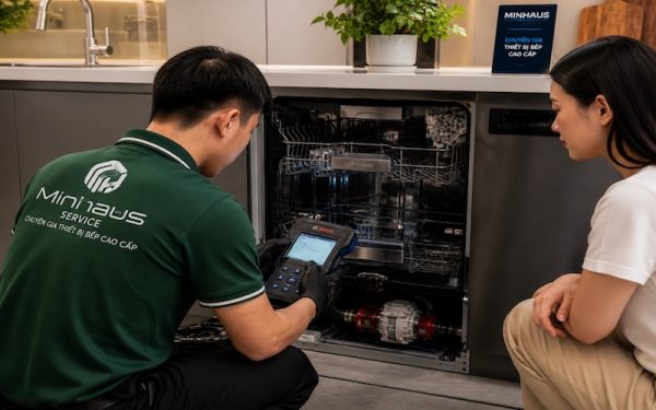 Máy rửa chén Bosch bị đọng nước: Nguyên nhân & Cách xử lý 3 Kỹ thuật viên Minhaus kiểm tra và bảo trì máy rửa chén Bosch tại nhà khách hàng — dịch vụ bảo hành chính hãng