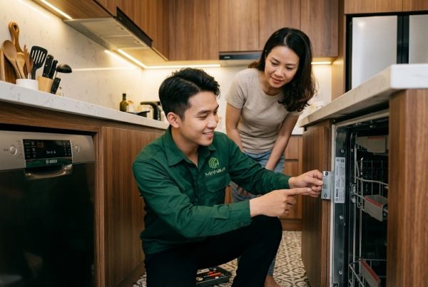 Giải Đáp: Máy Rửa Chén Bosch Của Nước Nào Và Có Bền Không? 6 Kỹ thuật viên Minhaus lắp đặt và kiểm tra máy rửa chén Bosch tại nhà khách hàng