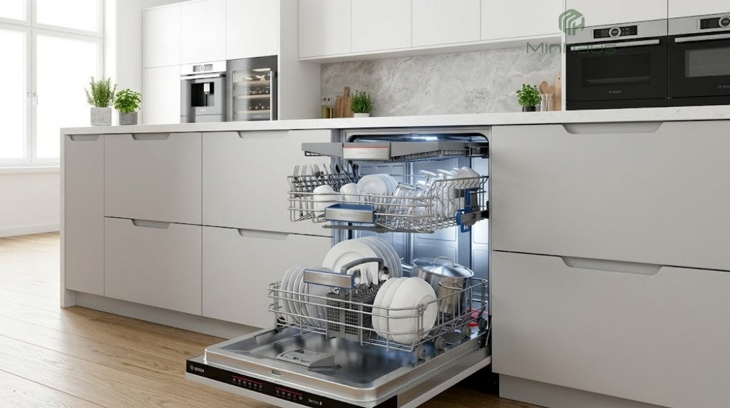 So sánh máy rửa chén Bosch và Hafele: Loại nào tốt? 2 Máy rửa chén Bosch Series 8 âm tủ với giàn rửa 3 tầng và công nghệ Zeolith