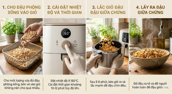 Rang lạc bằng nồi chiên không dầu thơm giòn chuẩn vị 2 Quy trình rang lạc bằng nồi chiên không dầu - cài 160°C, lắc giỏ giữa chừng, để nguội trước khi dùng.
