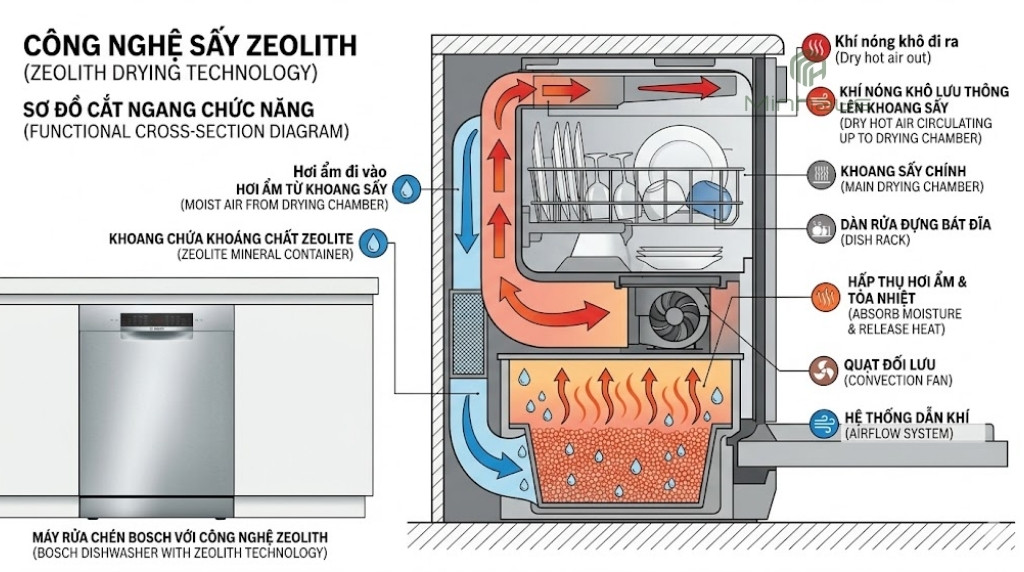 So sánh máy rửa chén Bosch và Hafele: Loại nào tốt? 6 Sơ đồ minh họa công nghệ sấy Zeolith trên máy rửa chén Bosch