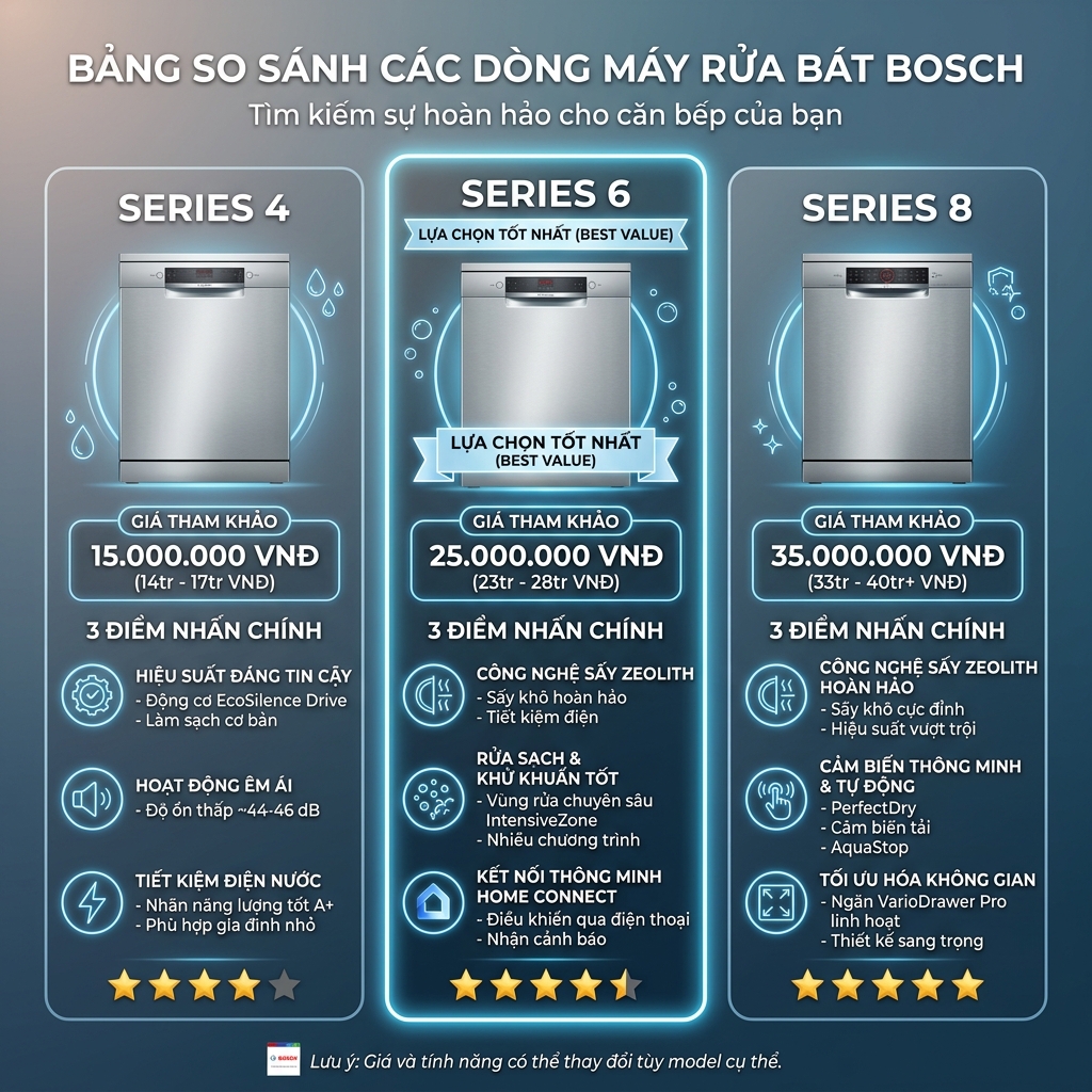 Máy rửa chén Bosch 16 bộ: Loại nào tốt nhất 2026? 4 So sánh giá và tính năng máy rửa chén Bosch 14 bộ Series 4, 6 và 8