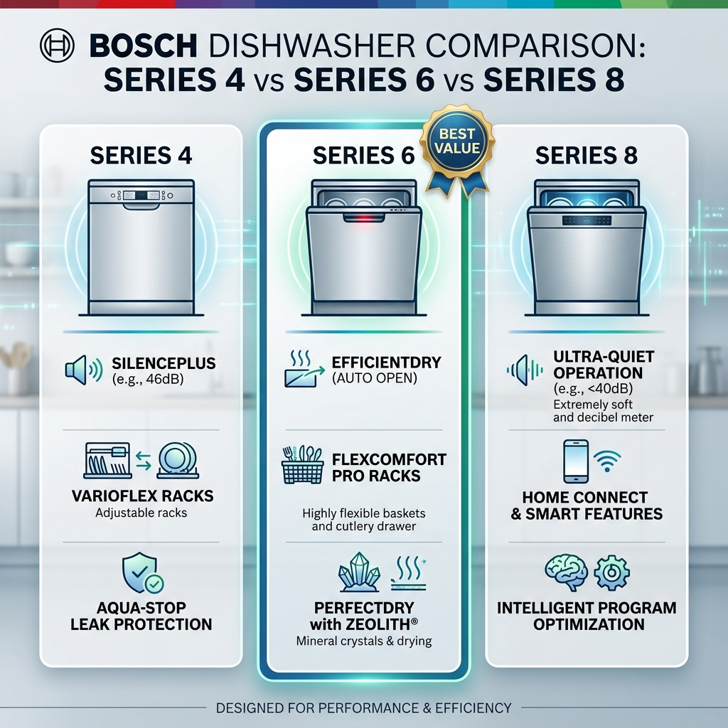 Bảng giá máy rửa chén Bosch Series 6 mới nhất 2026 4 So sánh giá và tính năng máy rửa chén Bosch Series 4, Series 6 và Series 8