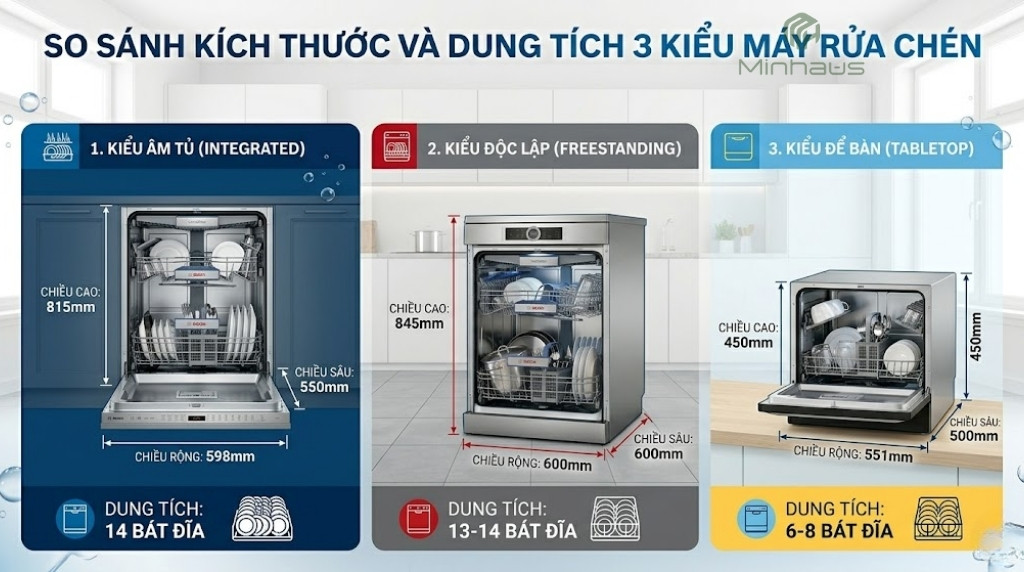 Kích thước máy rửa chén Bosch tiêu chuẩn và cách chọn 2 So sánh kích thước máy rửa chén Bosch âm tủ, độc lập và để bàn
