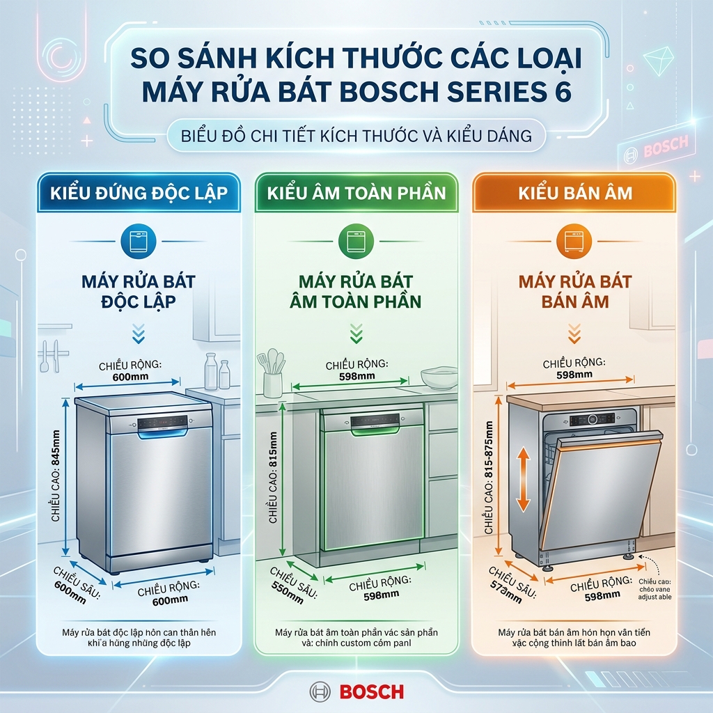 Kích thước máy rửa chén Bosch Series 6 đầy đủ 2026 2 So sánh kích thước máy rửa chén Bosch Series 6: độc lập, âm tủ, bán âm