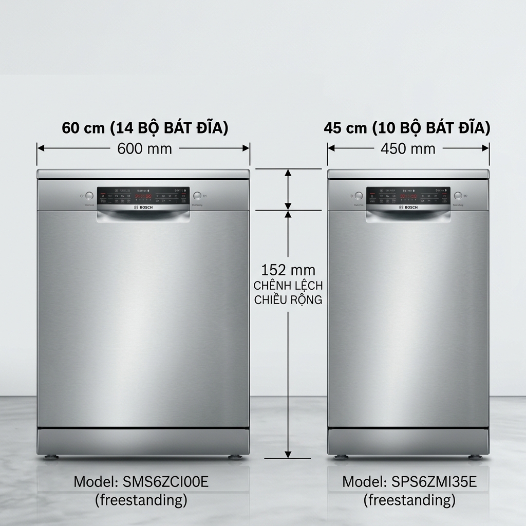 Kích thước máy rửa chén Bosch Series 6 đầy đủ 2026 3 So sánh kích thước máy rửa chén Bosch Series 6 rộng 60 cm và slim 45 cm
