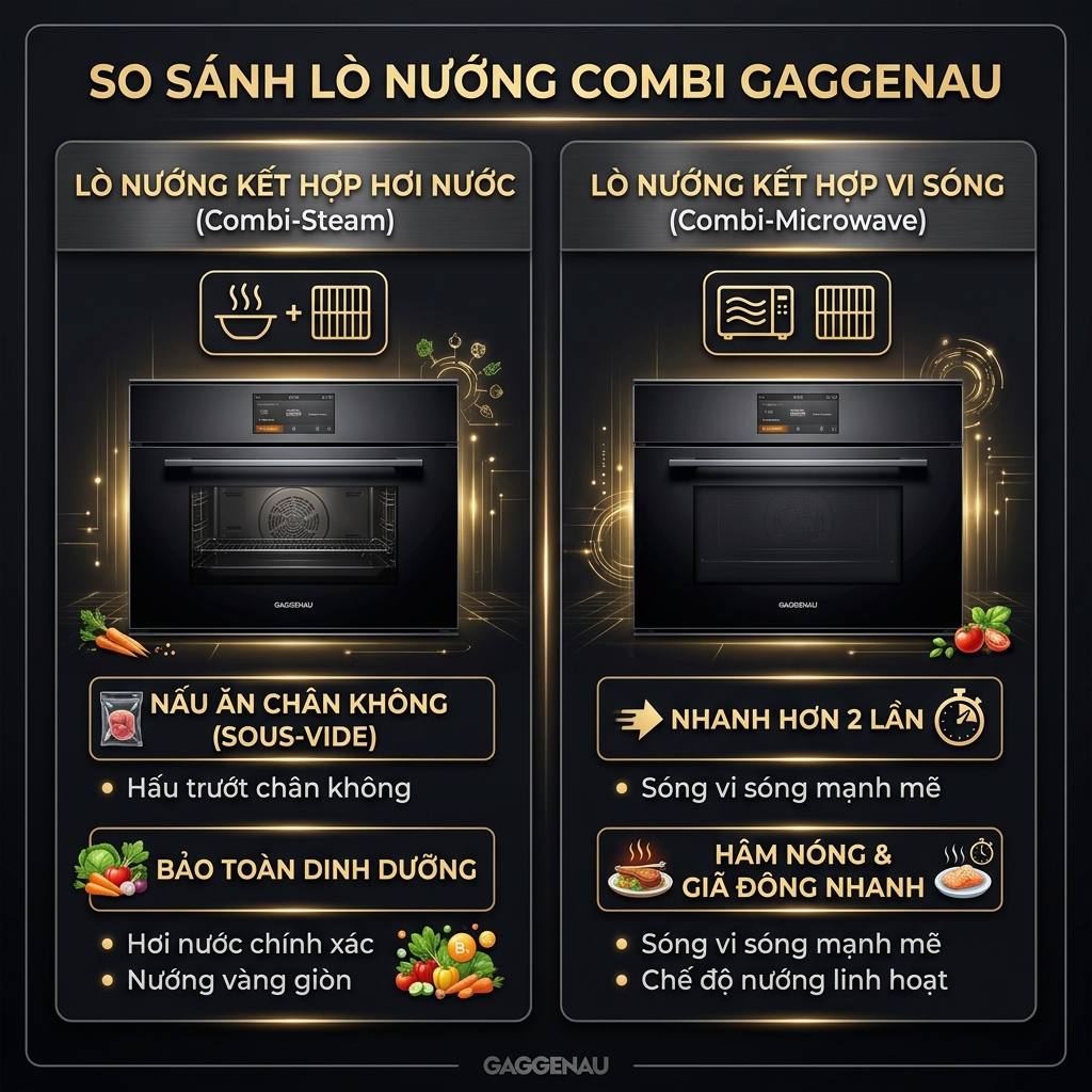 Lò combine Gaggenau: Nướng kết hợp hấp & vi sóng 2 So sánh lò combine Gaggenau Combi-Steam (dòng BS) và Combi-Microwave (dòng BM)