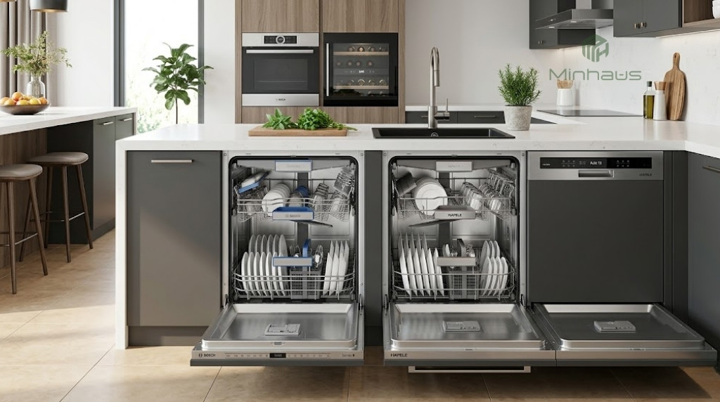 So sánh máy rửa chén Bosch và Hafele: Loại nào tốt? 1 So sánh máy rửa chén Bosch và Hafele đặt cạnh nhau trong bếp hiện đại