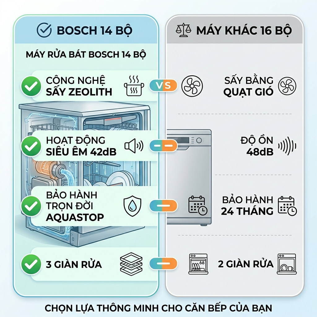 Máy rửa chén Bosch 16 bộ: Loại nào tốt nhất 2026? 2 So sánh ưu điểm Bosch 14 bộ với máy rửa chén 16 bộ thương hiệu khác