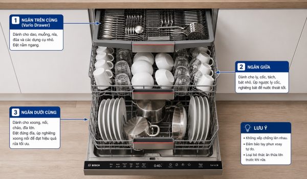 Cách sử dụng máy rửa chén Bosch serie 6 đúng cách 2 Cách xếp bát đĩa đúng cách vào máy rửa chén Bosch Serie 6