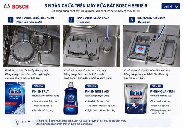 Cách sử dụng máy rửa chén Bosch serie 6 đúng cách 3 Vị trí ngăn chứa muối, nước bóng và viên rửa trong máy Bosch Serie 6
