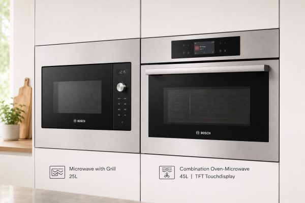 So sánh lò vi sóng có nướng Bosch BEL Series 6 và CMG Series 6 đặt cạnh nhau trong bếp hiện đại