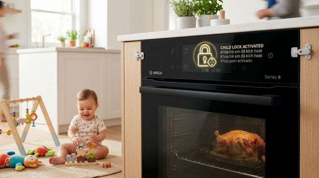 Cách sử dụng lò nướng Bosch từ A-Z cho người mới 7 Tính năng khóa trẻ em Child Lock trên lò nướng Bosch bảo vệ an toàn gia đình