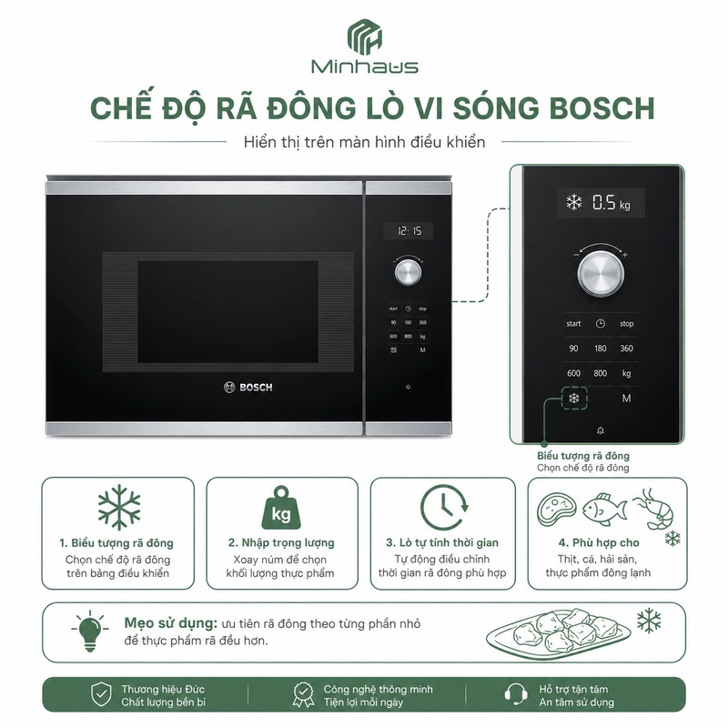 Các Chế Độ Lò Vi Sóng Bosch: Hướng Dẫn Đầy Đủ Để Dùng Đúng - Dùng Hiệu Quả 3 chế độ rã đông tự động lò vi sóng Bosch Series 8 theo trọng lượng