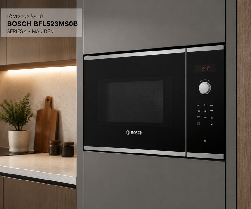 Cách sử dụng lò vi sóng Bosch BFL523MS0B 1 Lò vi sóng âm tủ Bosch BFL523MS0B Series 4 màu đen lắp đặt trong tủ bếp