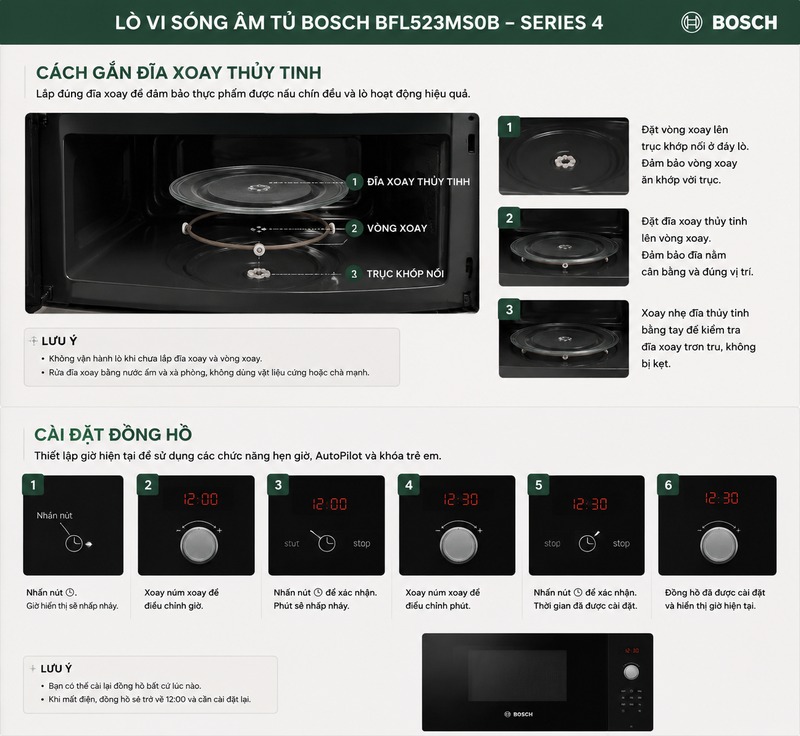 Cách sử dụng lò vi sóng Bosch BFL523MS0B 2 Cách gắn đĩa xoay thủy tinh và cài đặt đồng hồ lò vi sóng Bosch BFL523MS0B