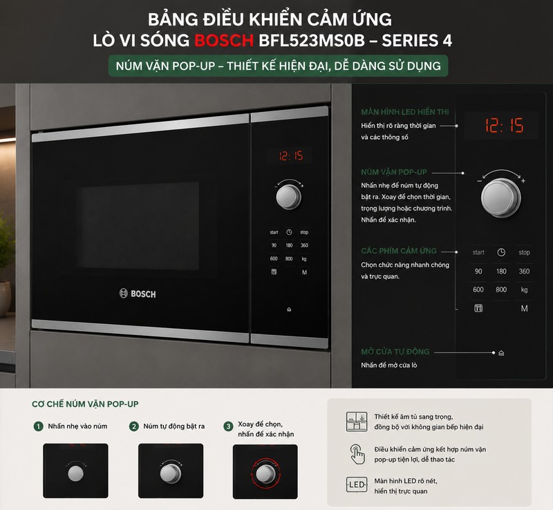 Cách sử dụng lò vi sóng Bosch BFL523MS0B 3 Bảng điều khiển cảm ứng lò vi sóng Bosch BFL523MS0B với núm vặn pop-up