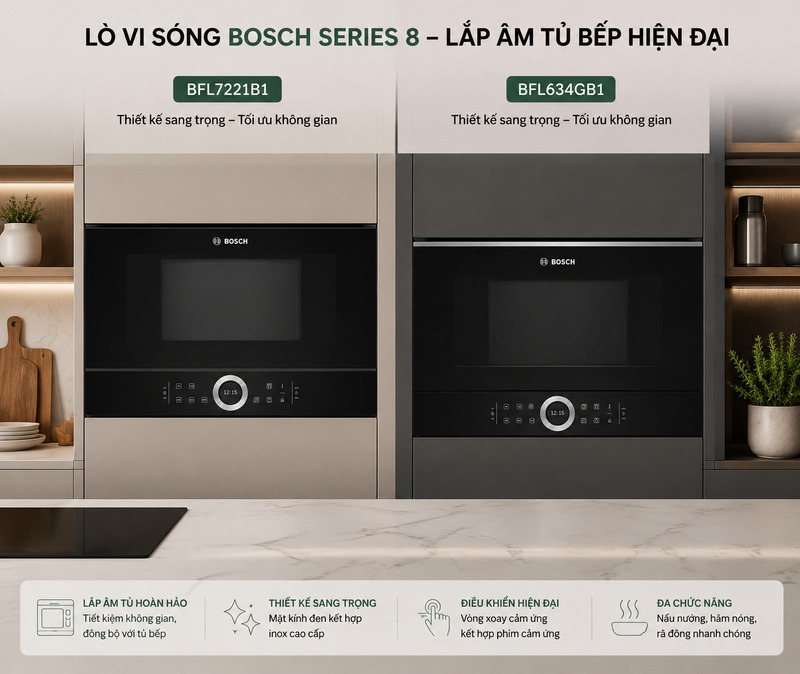 Hướng dẫn cách sử dụng lò vi sóng Bosch Series 8 1 lò vi sóng Bosch Series 8 BFL7221B1 và BFL634GB1 lắp âm tủ bếp hiện đại