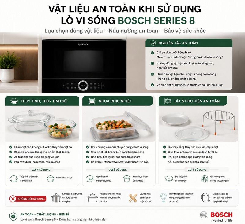 Hướng dẫn cách sử dụng lò vi sóng Bosch Series 8 3 vật liệu an toàn khi sử dụng lò vi sóng Bosch Series 8 thủy tinh sứ nhựa chịu nhiệt