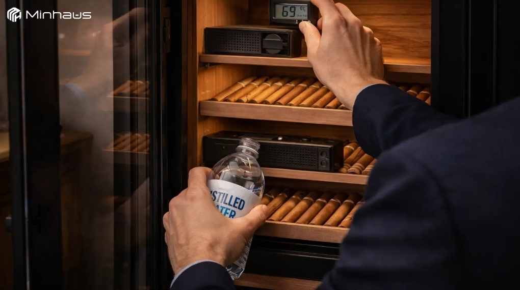 Nước cất tủ cigar là gì? Tại sao nên dùng nước cất để bảo quản cigar? 8 Người dùng nên giữ tủ sạch, dùng đúng nước cất và bảo quản cigar với khay gỗ tuyết tùng phù hợp