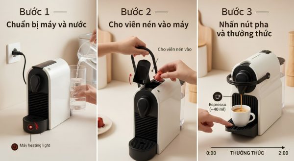 Hướng dẫn sử dụng máy pha cà phê viên nén từ A–Z: pha, vệ sinh, mẹo | Minhaus 3 3 bước pha cà phê viên nén: đổ nước, cho capsule vào, nhấn nút