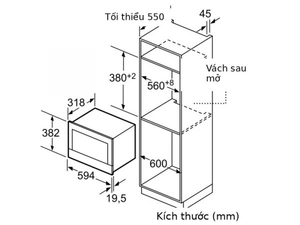 kích thước lắp đặt lò vi sóng âm tủ Bosch