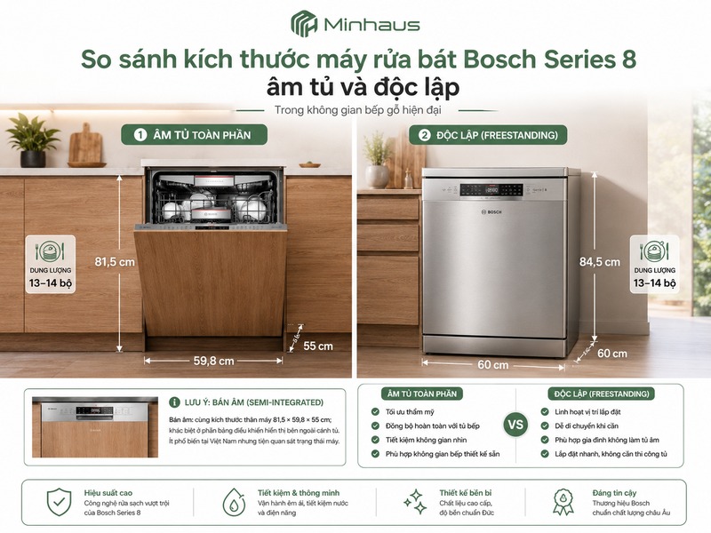 Kích Thước Máy Rửa Bát Bosch Series 8 – Bảng Đầy Đủ Theo Kiểu Dáng 2 So sánh kích thước máy rửa bát Bosch Series 8 âm tủ và độc lập trong không gian bếp