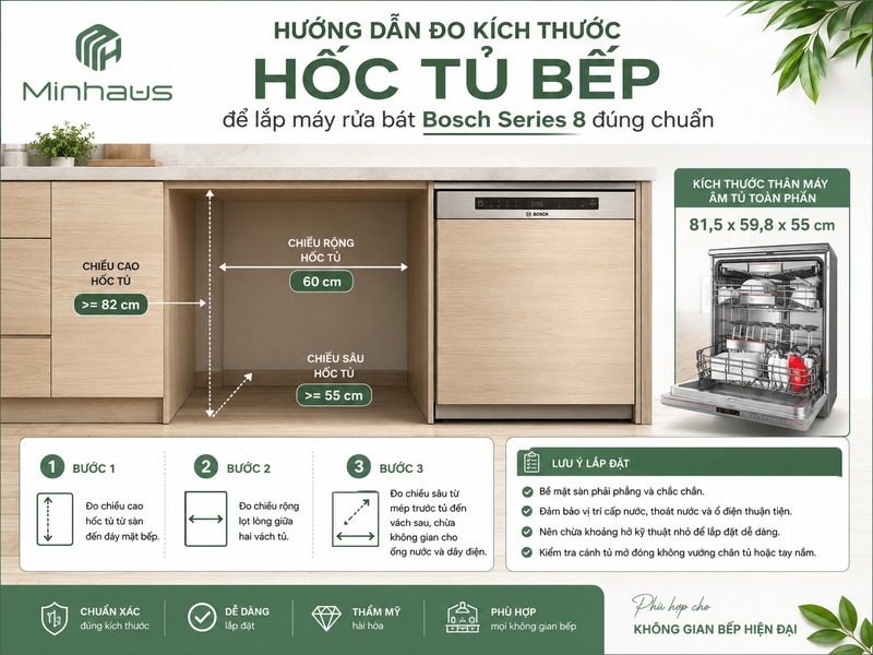 Kích Thước Máy Rửa Bát Bosch Series 8 – Bảng Đầy Đủ Theo Kiểu Dáng 3 Hướng dẫn đo kích thước hốc tủ bếp để lắp máy rửa bát Bosch Series 8 đúng chuẩn
