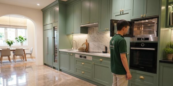 Lò Vi Sóng Bosch Có Tốt Không? Đánh Giá Chi Tiết Từ Chuyên Gia 1 Lò vi sóng Bosch âm tủ lắp đặt trong tủ bếp hiện đại tại showroom Minhaus