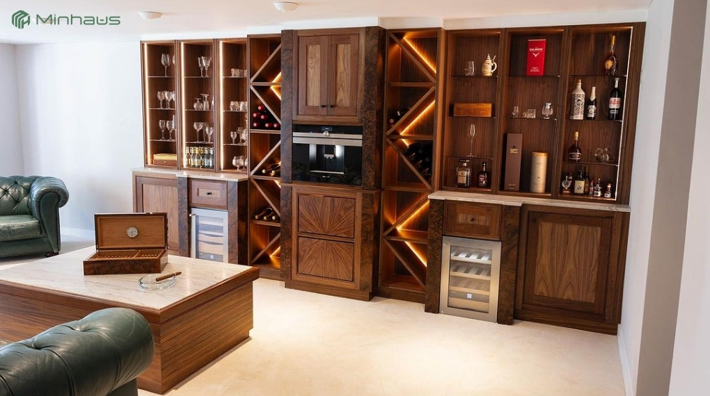 Các loại tủ bảo quản cigar phổ biến trên thị trường hiện nay (Cập nhật năm 2026) 8 Tủ bảo quản cigar âm tủ trong không gian phòng khách cao cấp