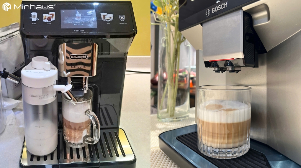 Máy pha cà phê Bosch và De'Longhi khác nhau thế nào? 23 Bọt sữa từ máy pha cà phê Bosch tạo nên 3 lớp sữa rõ nét hơn so với máy pha cà phê De’Longhi