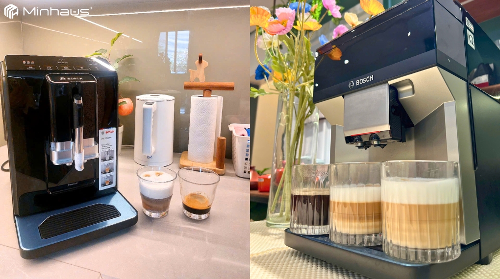 Máy pha cà phê Bosch và De'Longhi khác nhau thế nào? 26 Máy pha cà phê Bosch sử dụng cối xay gốm cao cấp, hoạt động êm ái