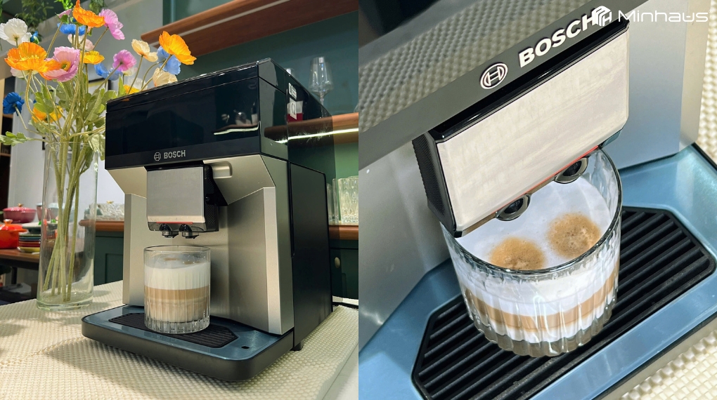 Review chi tiết máy pha cà phê Bosch TPE40307 Series 4 VeroCafe 3 Máy pha cà phê Bosch TPE40307 sở hữu công suất 1500W giúp rút ngắn thời gian làm nóng