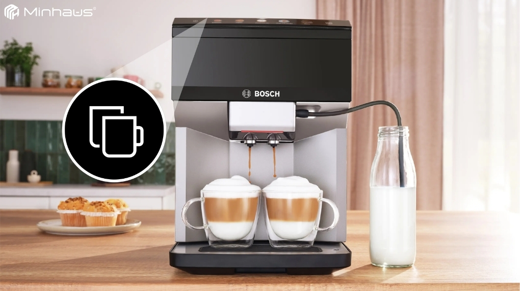 Review chi tiết máy pha cà phê Bosch TPE40307 Series 4 VeroCafe 4 Tính năng OneTouch DoubleCup cho phép chiết xuất hai tách đồ uống cùng một lúc